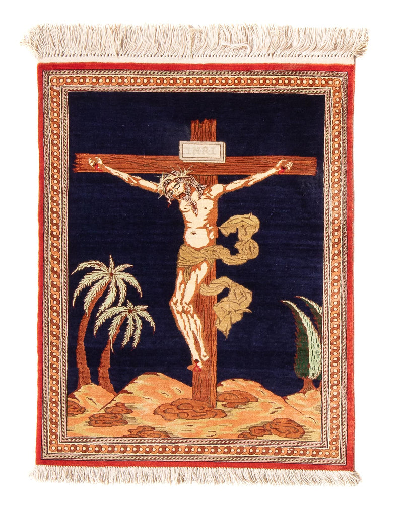 Zijden tapijt - Ghom Silk - Premium - 71 x 56 cm - donkerblauw