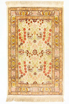 Zijden tapijt - Hereke Silk - Premium - 100 x 64 cm - beige