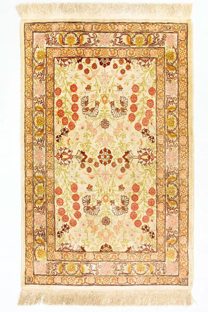 Zijden tapijt - Hereke Silk - Premium - 100 x 64 cm - beige