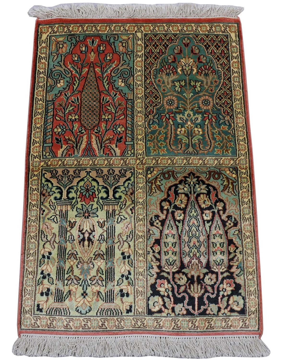 Zijden tapijt - Kashmir Silk - 88 x 63 cm - veelkleurig
