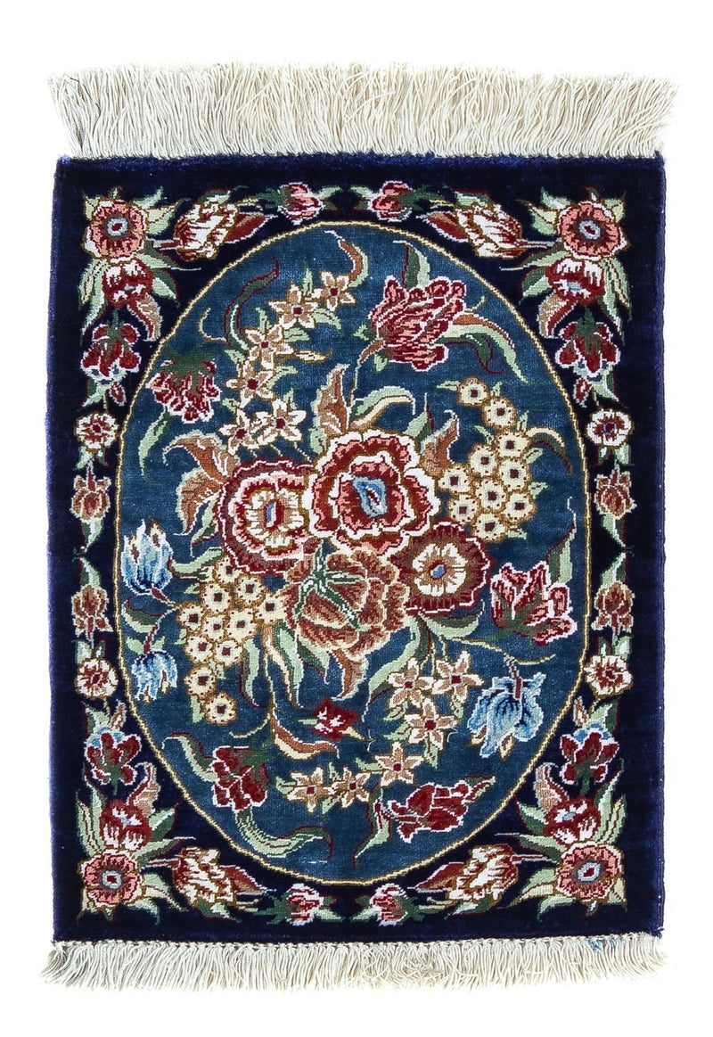 Zijden tapijt - Ghom Silk - Premium - 40 x 28 cm - donkerblauw