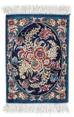 Zijden tapijt - Ghom Silk - Premium - 40 x 28 cm - donkerblauw