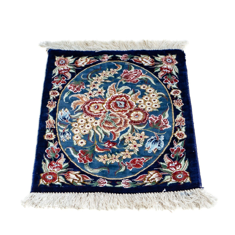 Zijden tapijt - Ghom Silk - Premium - 40 x 28 cm - donkerblauw
