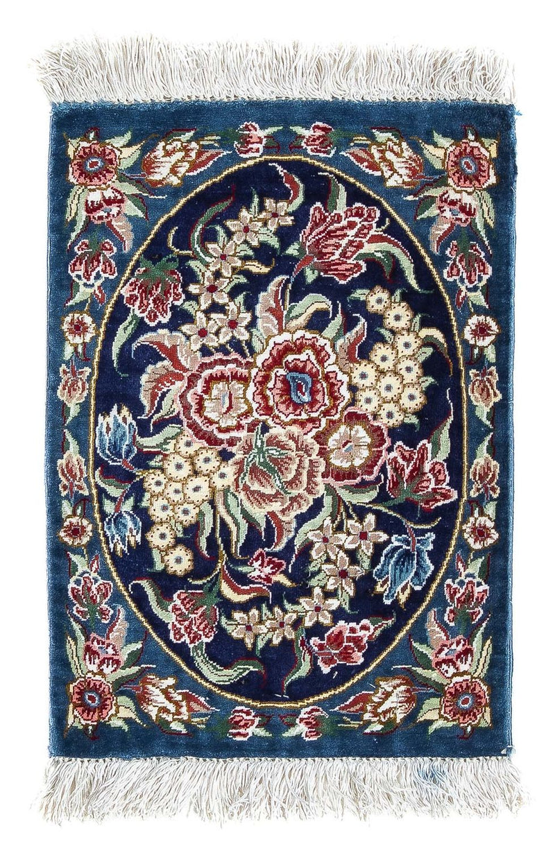 Zijden tapijt - Ghom Silk - Premium - 40 x 28 cm - donkerblauw
