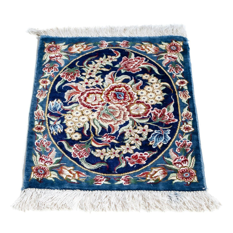 Zijden tapijt - Ghom Silk - Premium - 40 x 28 cm - donkerblauw