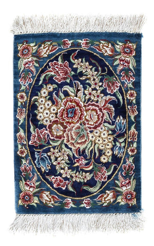 Zijden tapijt - Ghom Silk - Premium - 40 x 28 cm - donkerblauw