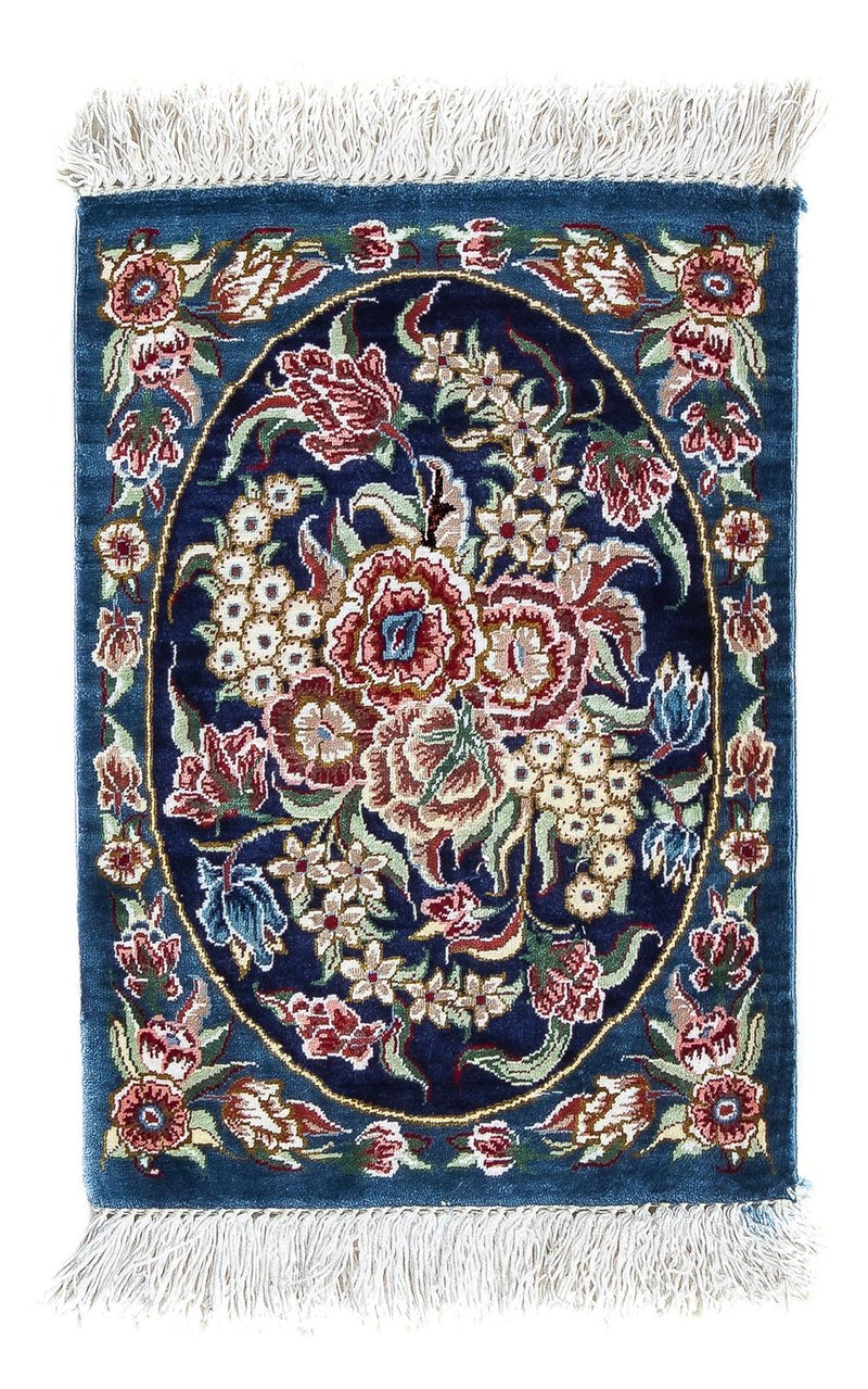 Zijden tapijt - Ghom Silk - Premium - 40 x 28 cm - donkerblauw