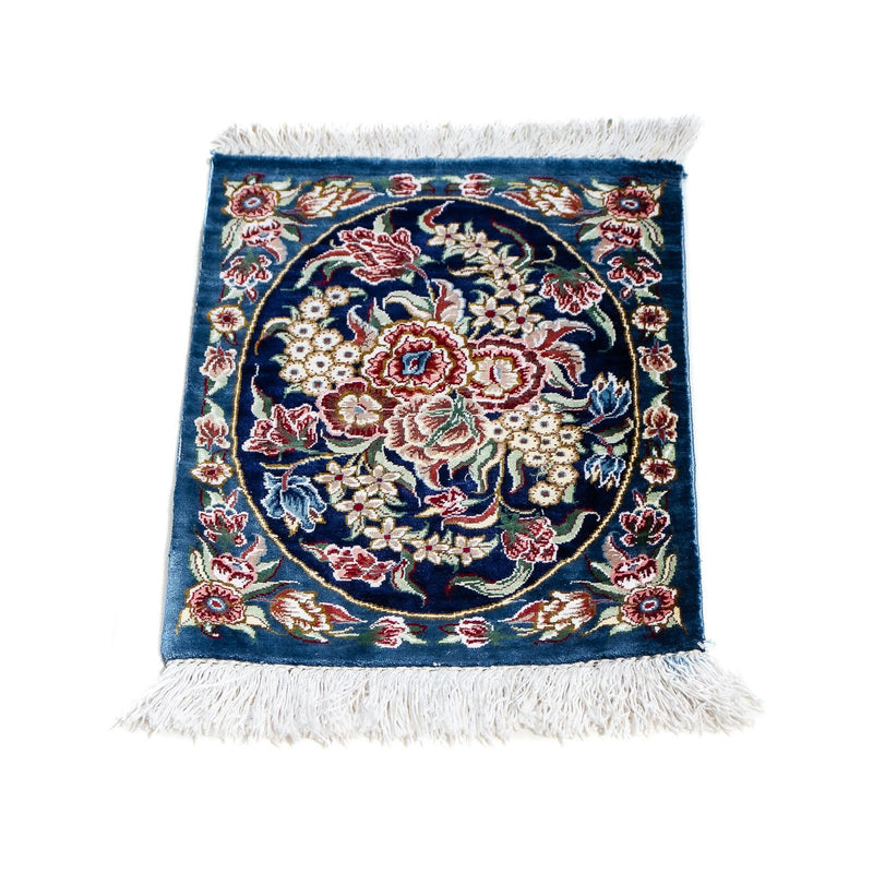 Zijden tapijt - Ghom Silk - Premium - 40 x 28 cm - donkerblauw