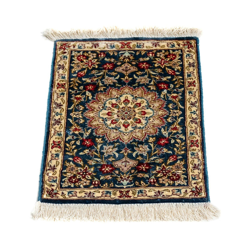Zijden tapijt - Ghom Silk - Premium - 44 x 27 cm - donkerblauw