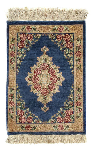 Zijden tapijt - Ghom Silk - Premium - 40 x 28 cm - donkerblauw