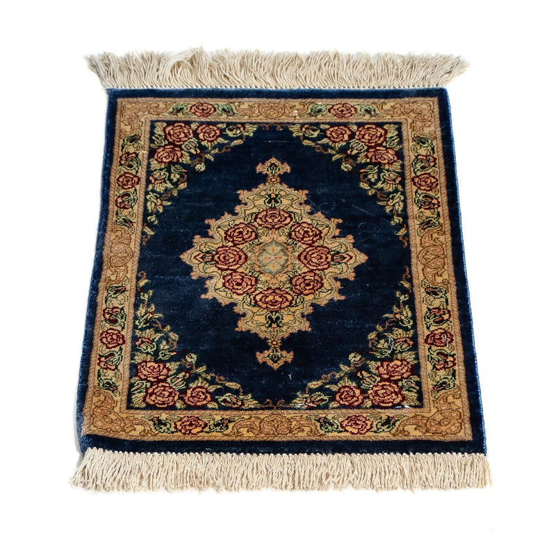 Zijden tapijt - Ghom Silk - Premium - 40 x 28 cm - donkerblauw