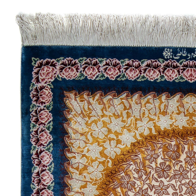 Zijden tapijt - Ghom Silk - Premium - 93 x 60 cm - donkerblauw