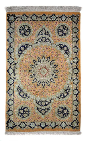 Perzisch tapijt - Ghom - 93 x 59 cm - mosterdgeel